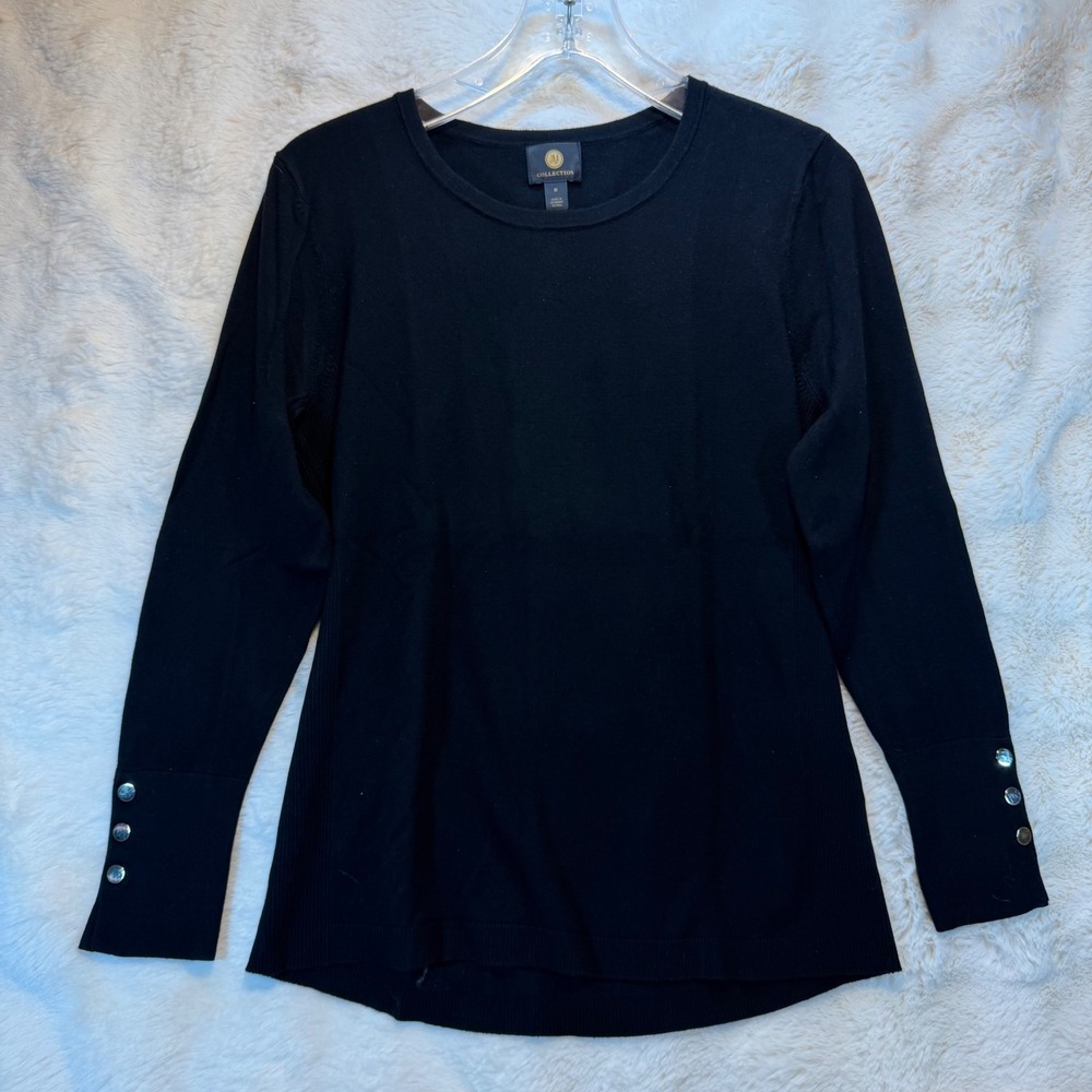 JM Collection Black Long Sleeve Crew Neck Sweater with Button Women's Medium